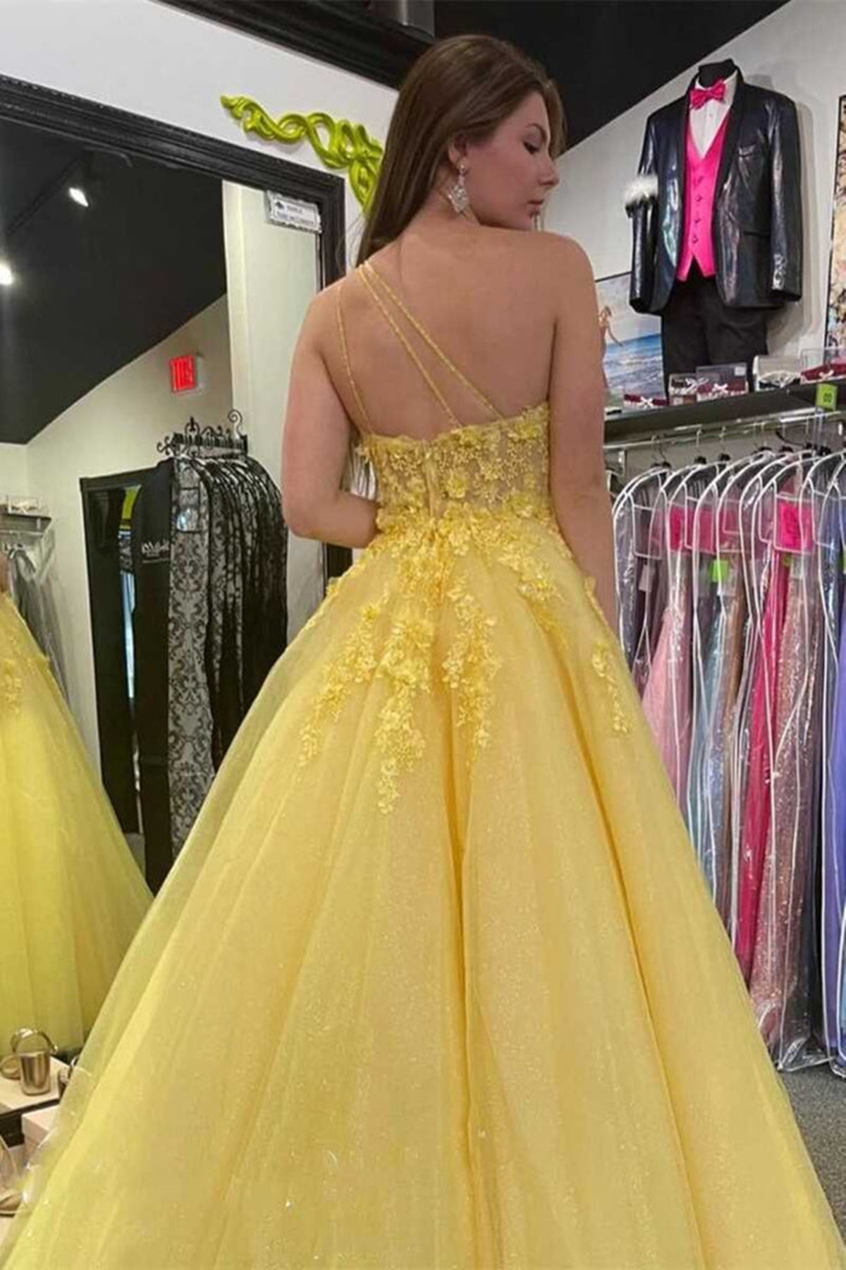 Unthony - One Shoulder Yellow Tulle Lace Floral Long Prom Dress