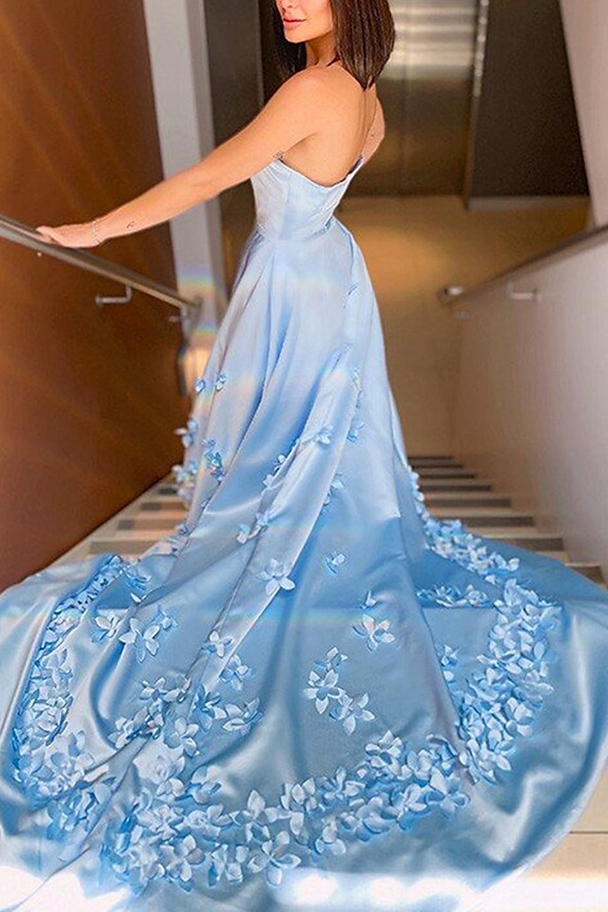 Unthony - Strapless Open Back Light Blue Satin Long Prom Dress with Flowers