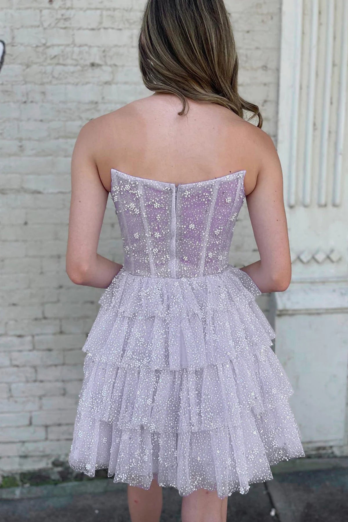 Unthony - Bling Bling Strapless Layered Lilac Short Prom Dress