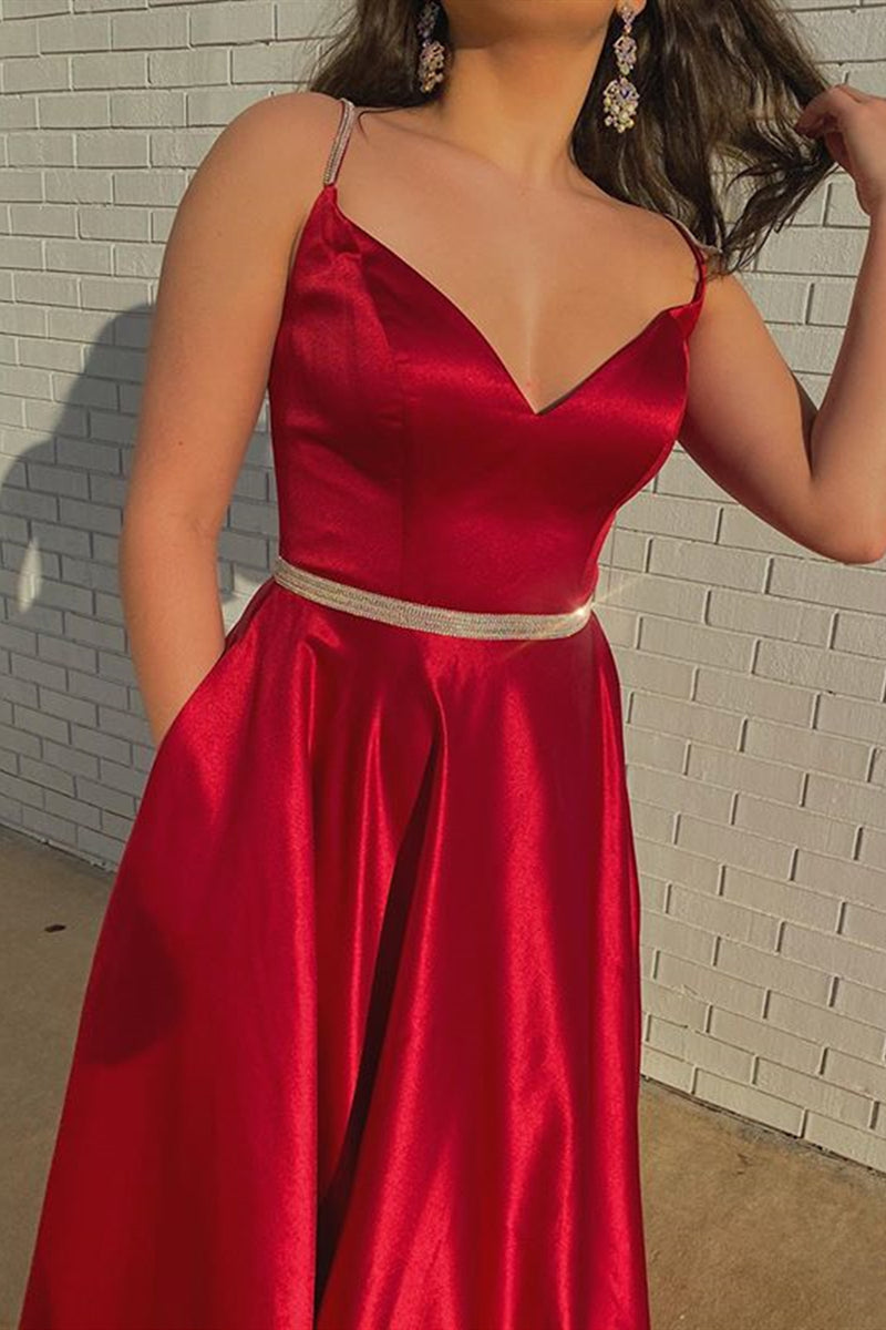 Unthony - A Line V Neck Red Satin Long Prom Dress with Belt