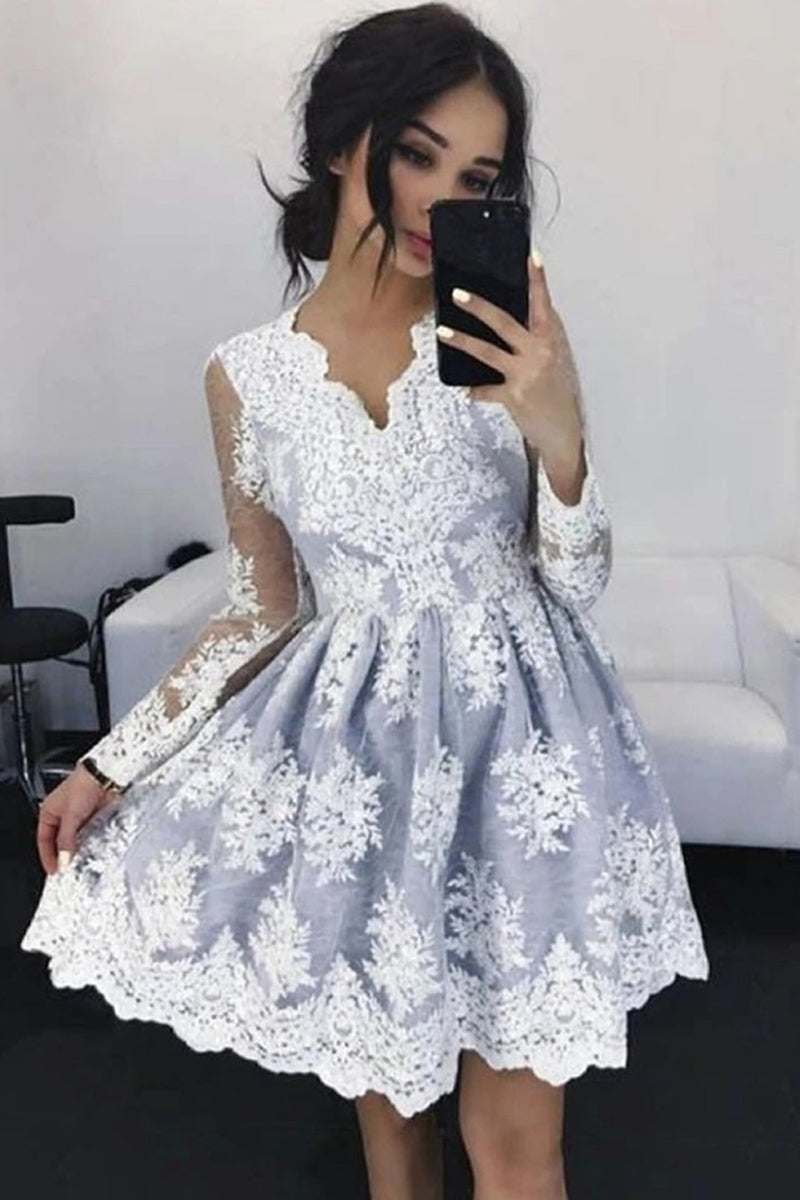 Unthony - V Neck Long Sleeves Short Gray Lace Prom Dress