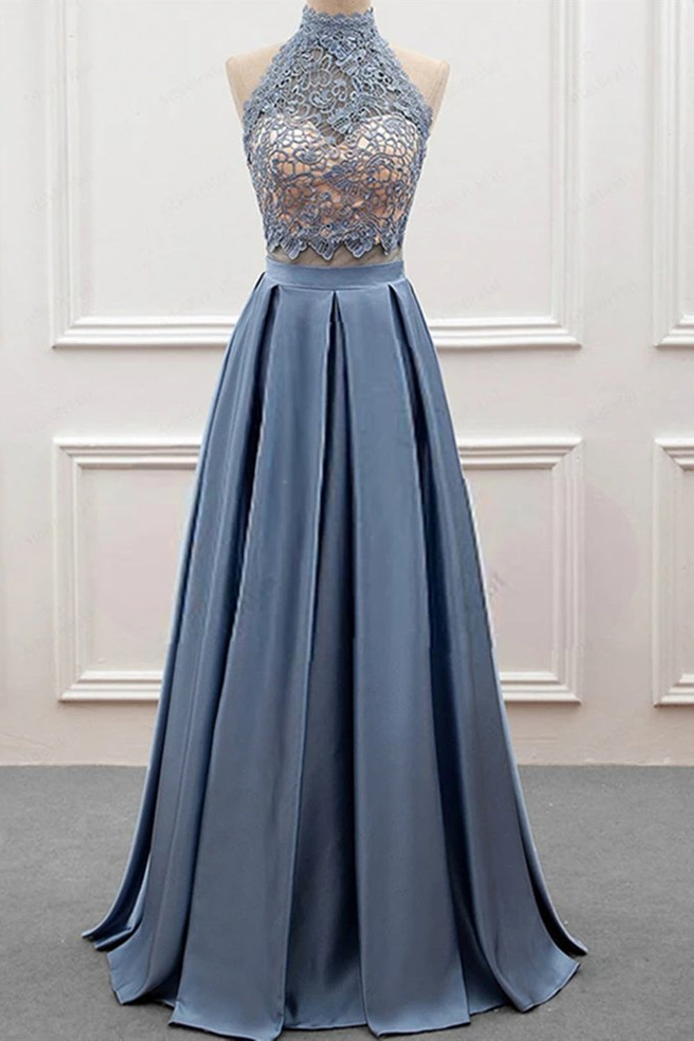 Unthony - High Neck Two Pieces Blue Lace Long Prom Dress