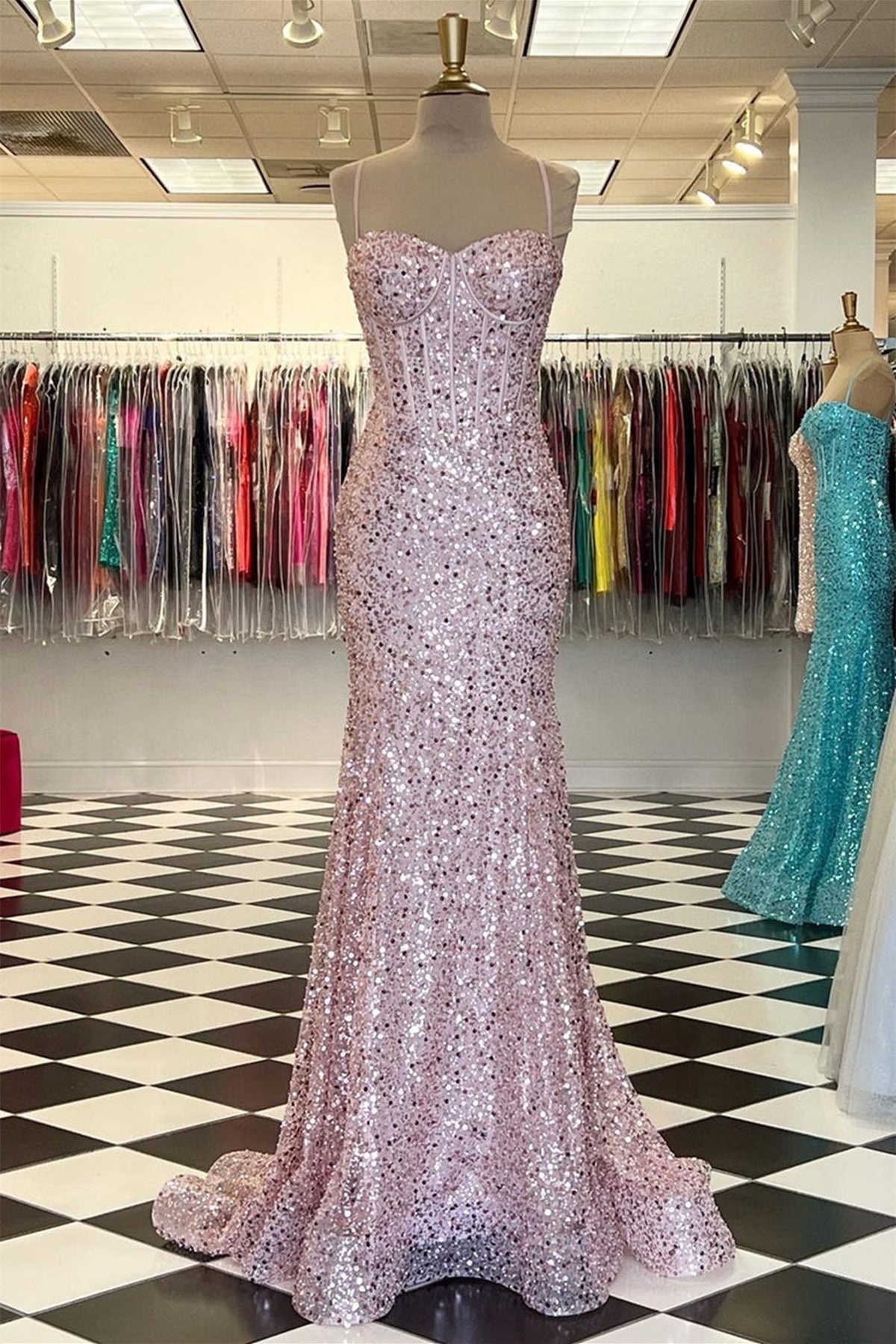 Unthony - Shiny Sequins Mermaid Pink Long Prom Dress
