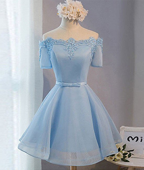 Unthony - Blue Short Sleeves Lace-up Organza Bow Prom Dresses