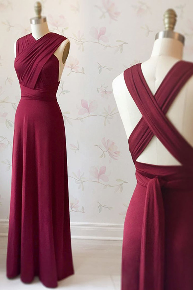Unthony - Unique Burgundy Long Prom Dress with Cross Back