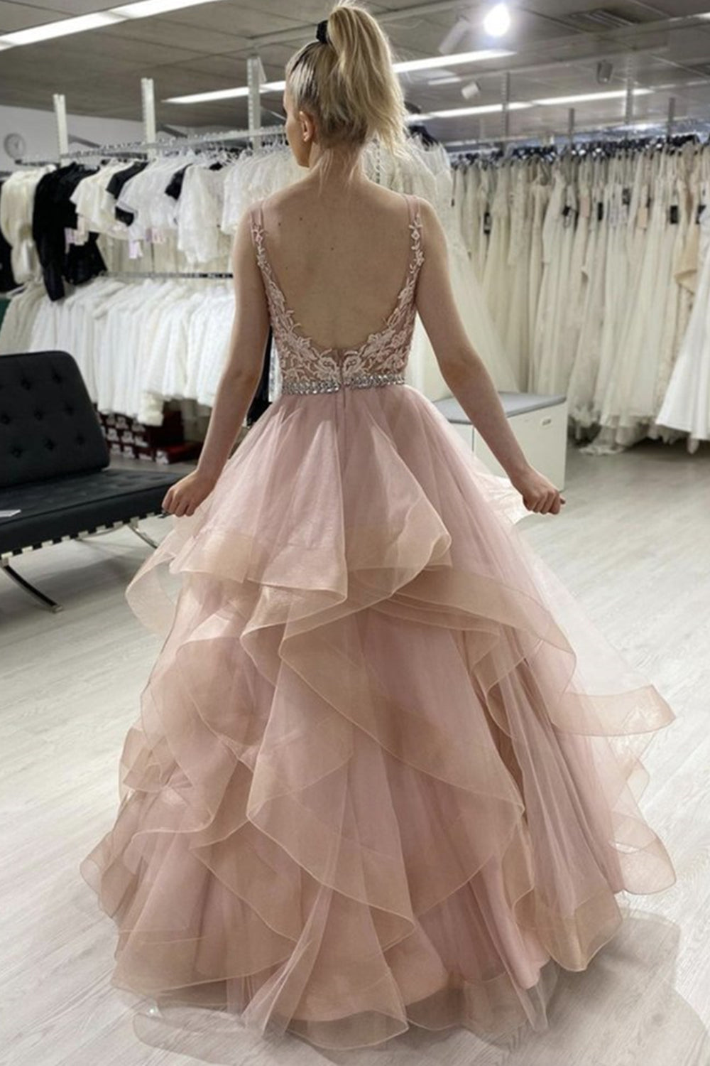 Unthony - Open Back Fluffy Pink Lace Long Prom Dress
