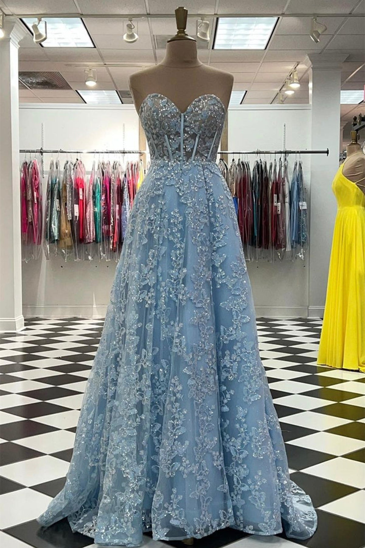 Unthony - Sweetheart Neck Blue Lace Appliques Long Prom Dress with Long Sleeves