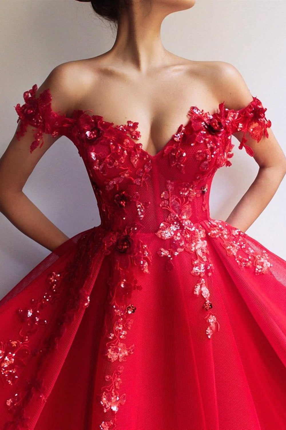 Unthony - Off the Shoulder Red Lace Floral Long Prom Dress