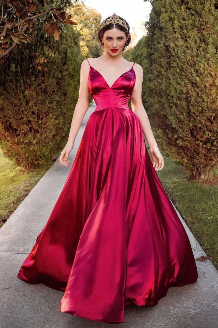 Unthony - Custom Made A Line V Neck Burgundy Long Prom Dress
