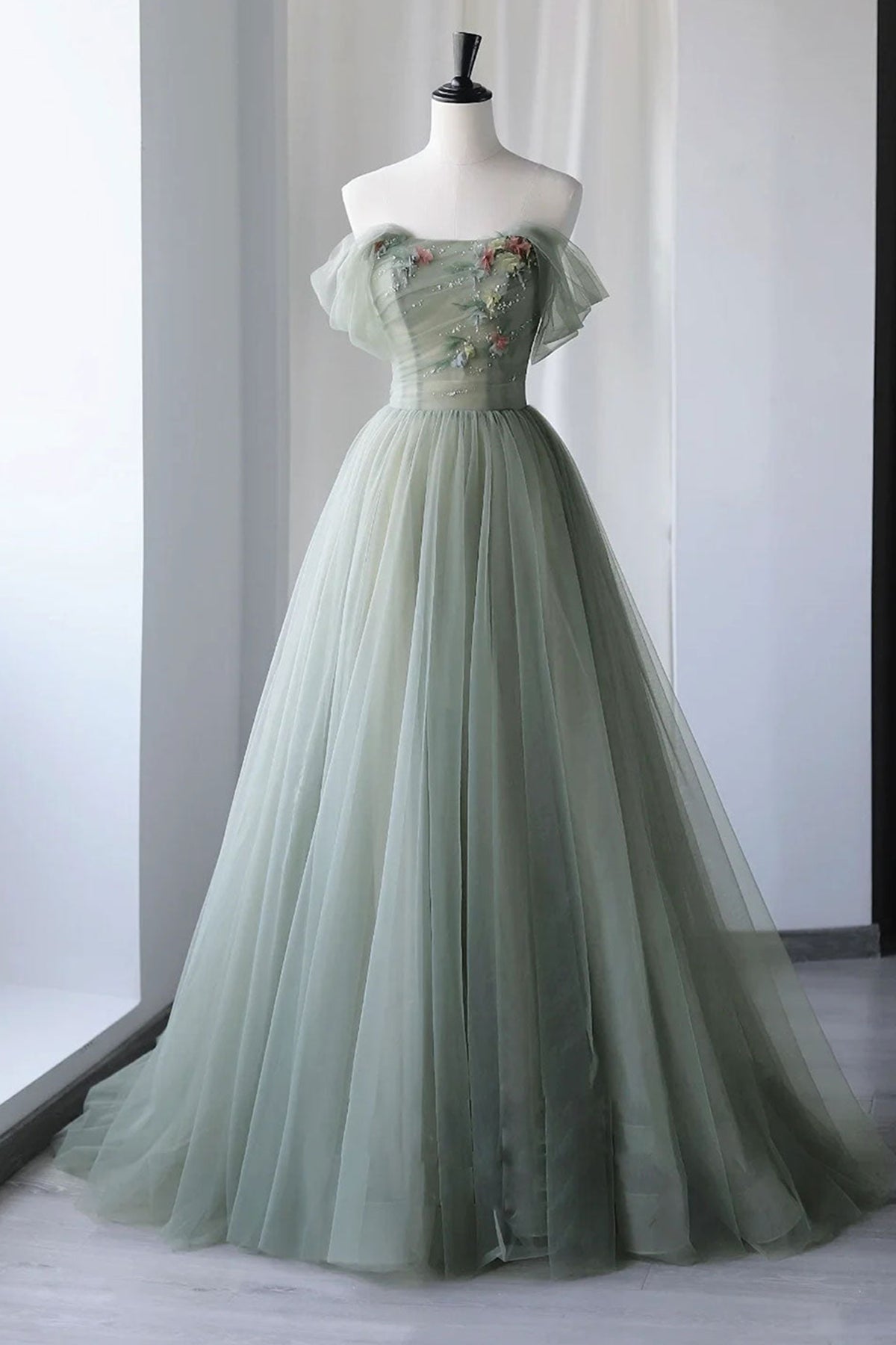Unthony - Off Shoulder Green Tulle Floral Long Prom Dresses