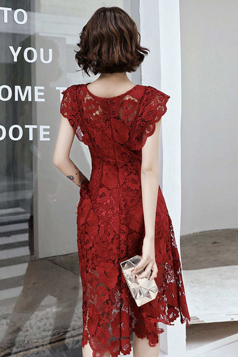 Unthony - Round Neck Cap Sleeves Knee Length Floral Burgundy Lace Prom Dress