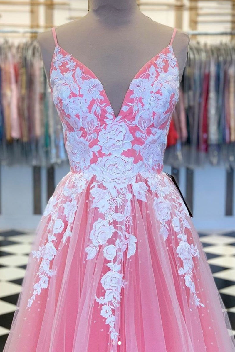 Unthony - A Line V Neck Pink Long Prom Dress with Lace Appliques