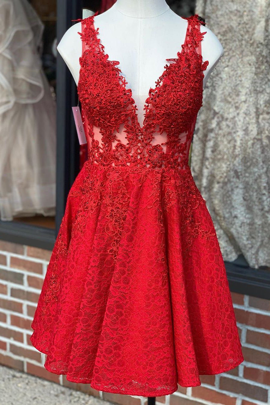 Unthony - A Line V Neck Short Red Lace Prom Dress