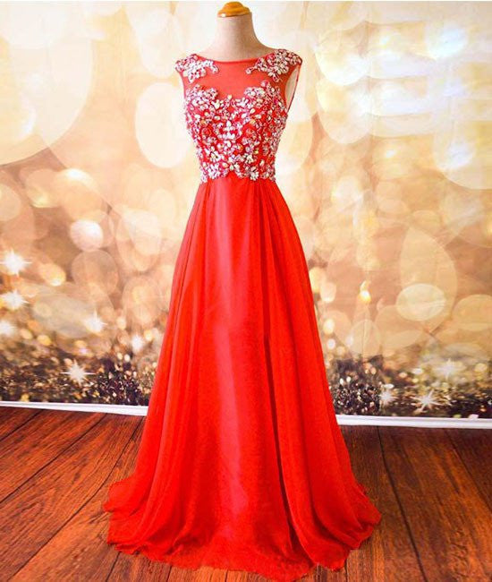 Unthony - Round Neck Beaded Red Prom Dresses