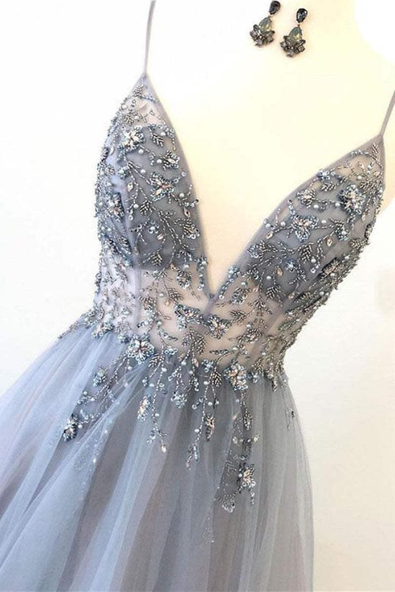 Unthony - A Line V Neck Grey Beaded Long Prom Dress with Split