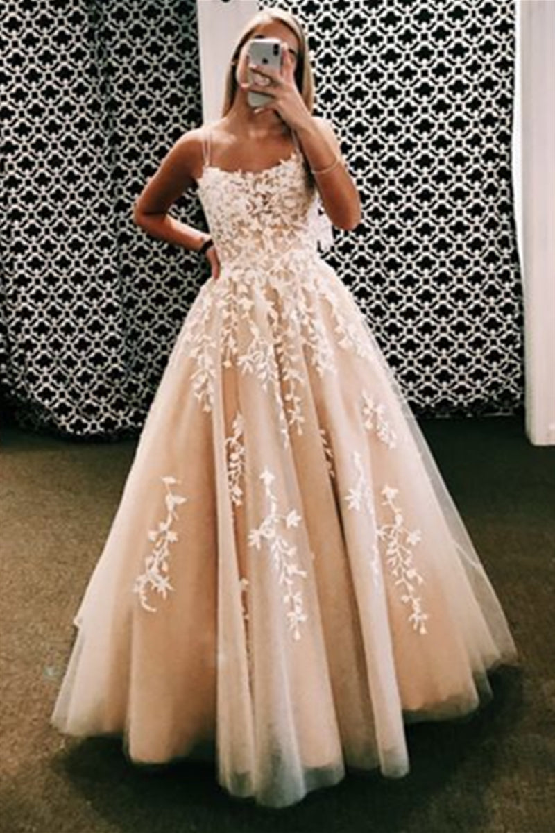 Unthony - Backless Champagne Lace Long Prom Dresses