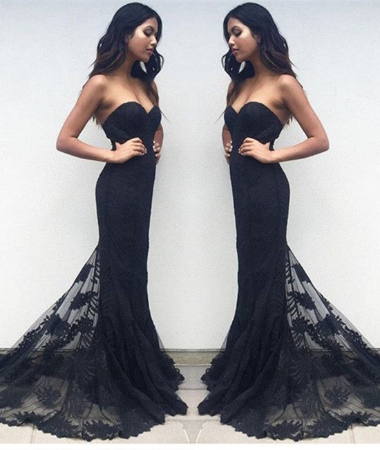 Unthony - Charming Black Sweetheart Neck Lace Train Long Prom Dresses