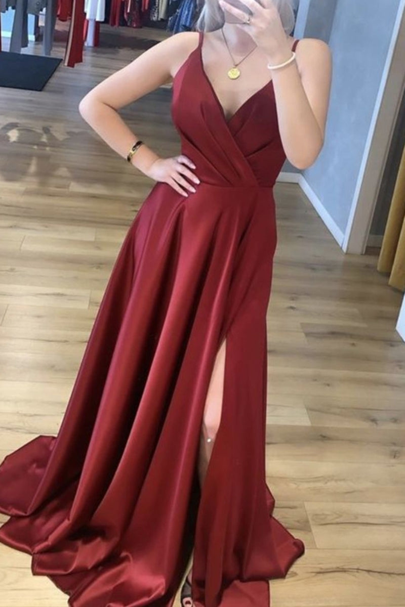 Unthony - A Line V Neck Burgundy Satin Long Prom Dress with High Slit