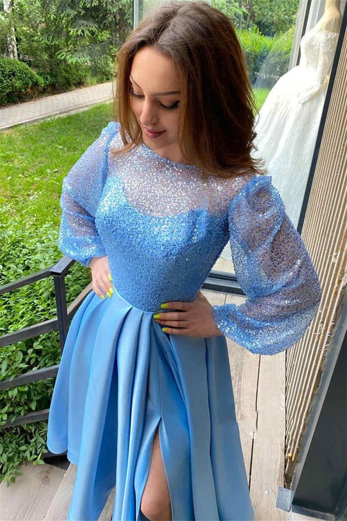 Unthony - Long Sleeves Round Neck Light Blue Tea Length Prom Dress with High Slit