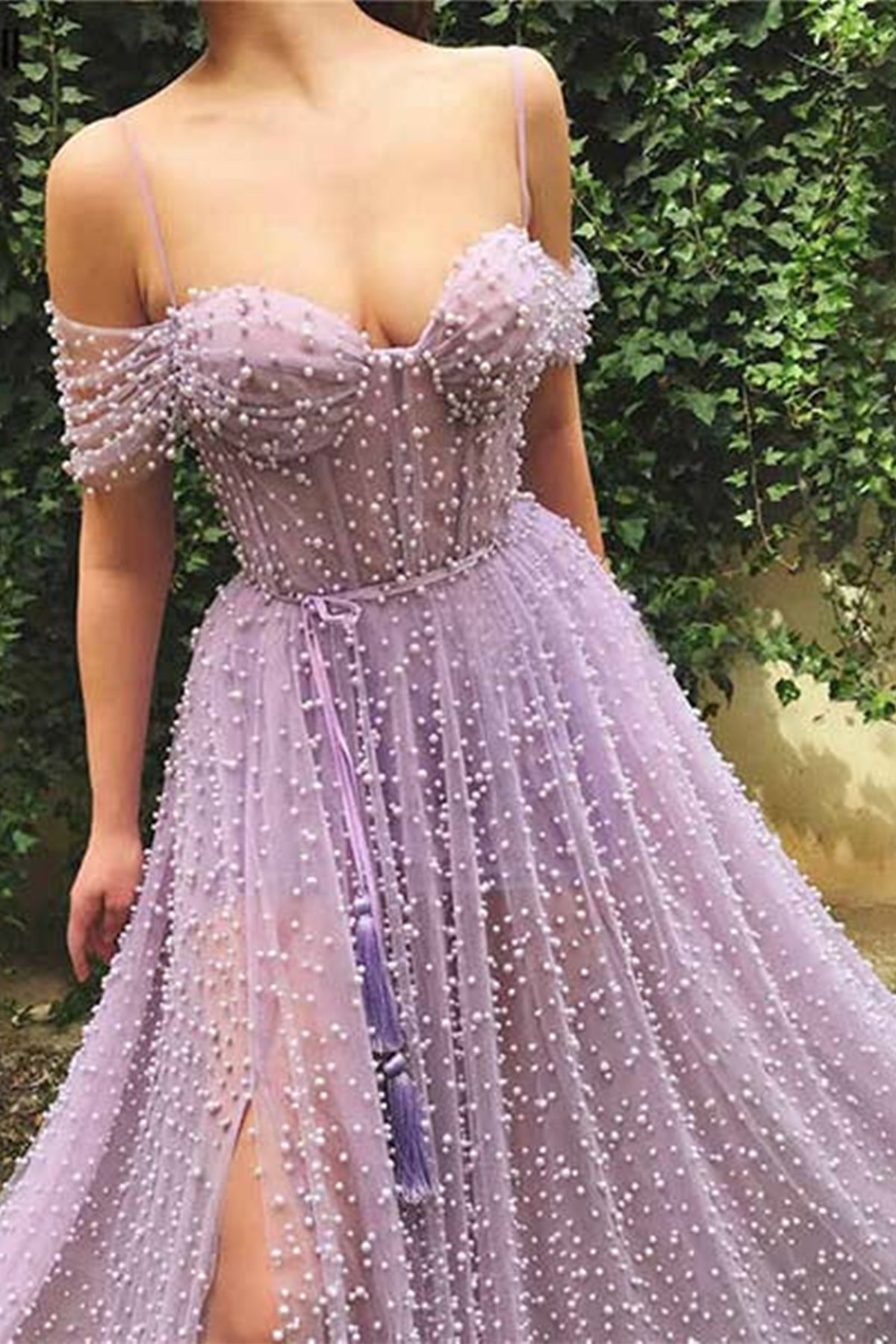 Unthony - Off Shoulder Beaded Purple Long Prom Dress with High Slit