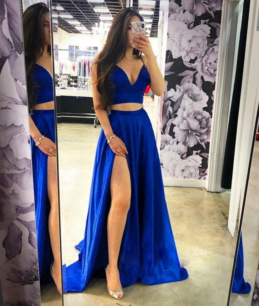Unthony - A Line Two Pieces Satin Blue Long Prom Dress with High Slit