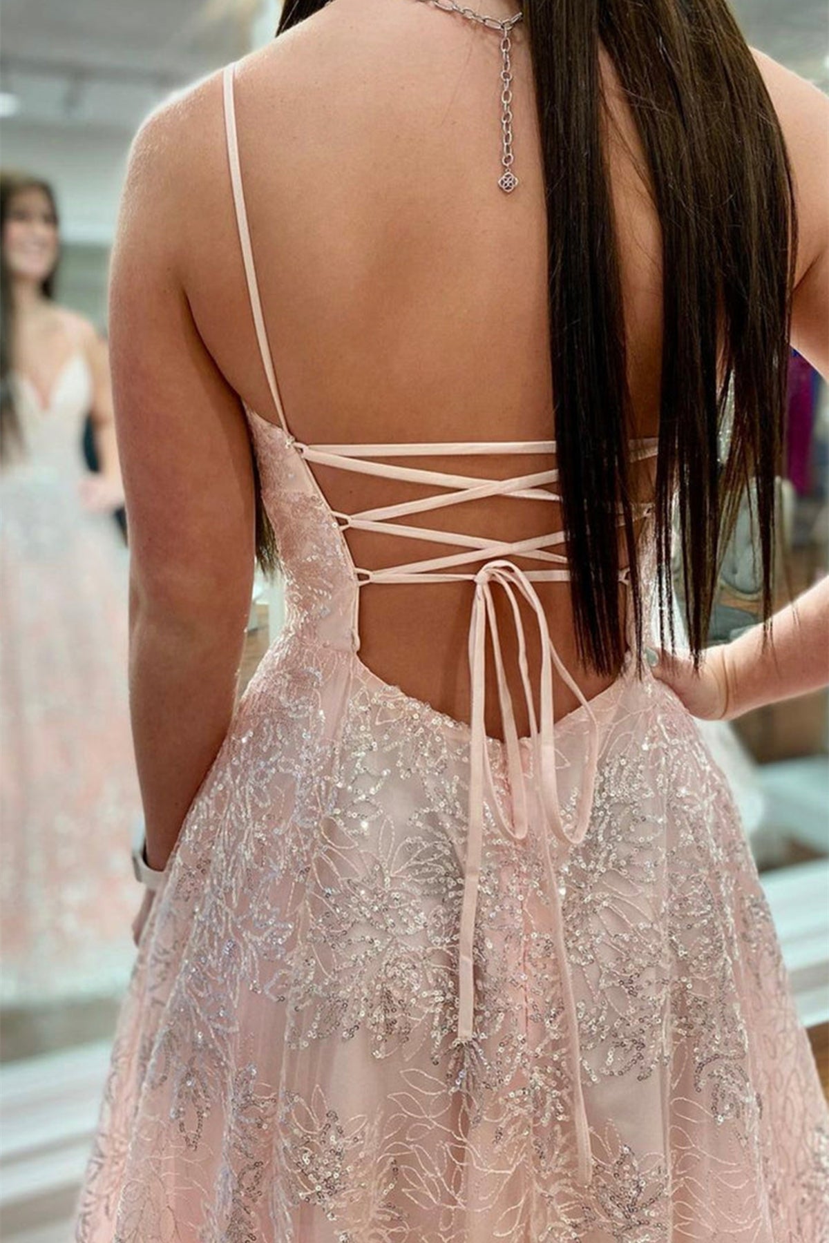 Unthony - Shiny V Neck Open Back Pink Lace Long Prom Dress