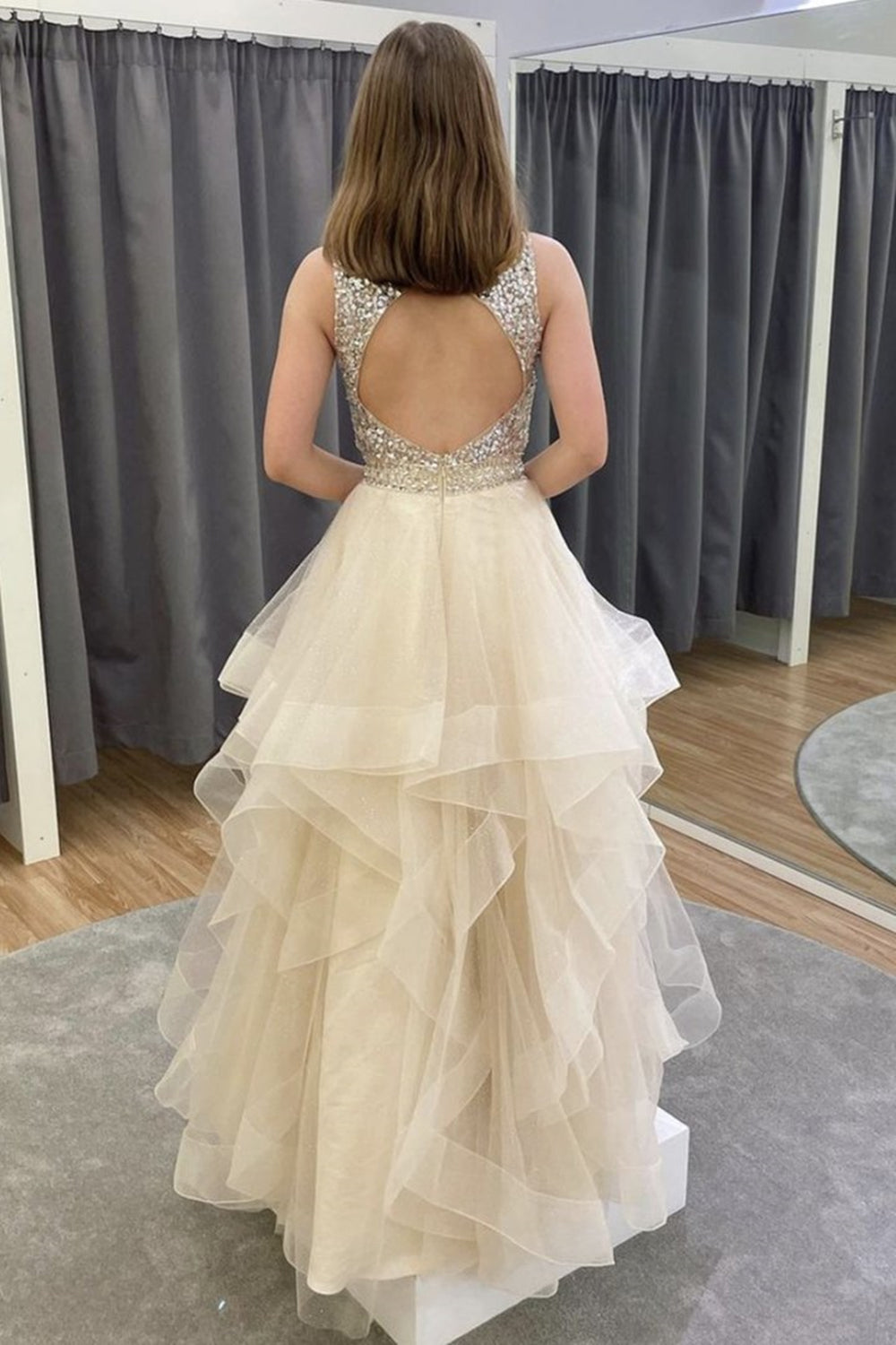 Unthony - Gorgeous Open Back Fluffy Beaded Champagne Long Prom Dress