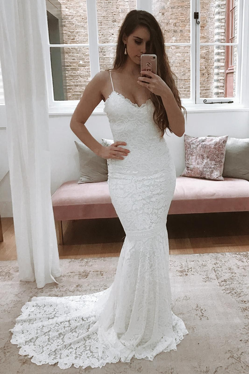 Unthony - Mermaid Backless White Lace Long Prom Dress Wedding Dress with Train