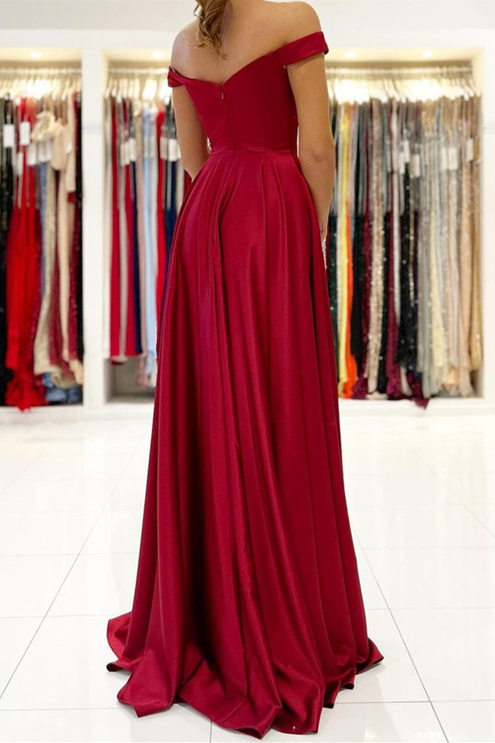 Unthony - Simple Off the Shoulder Burgundy Satin Long Prom Dress with Slit