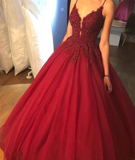 Unthony - V Neck Tulle Burgundy Prom Dress With Beads