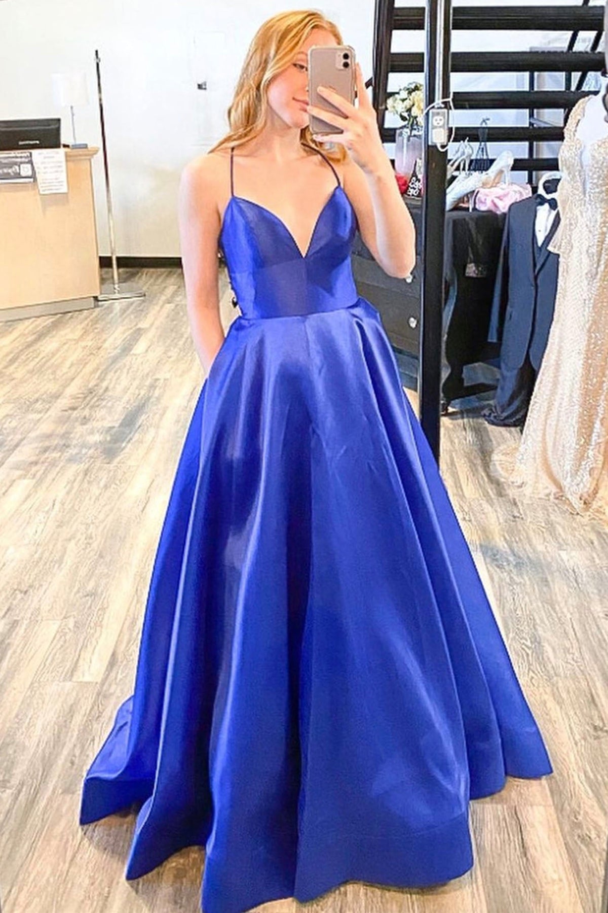 Unthony - V Neck Cross Back Royal Blue Satin Long Prom Dress