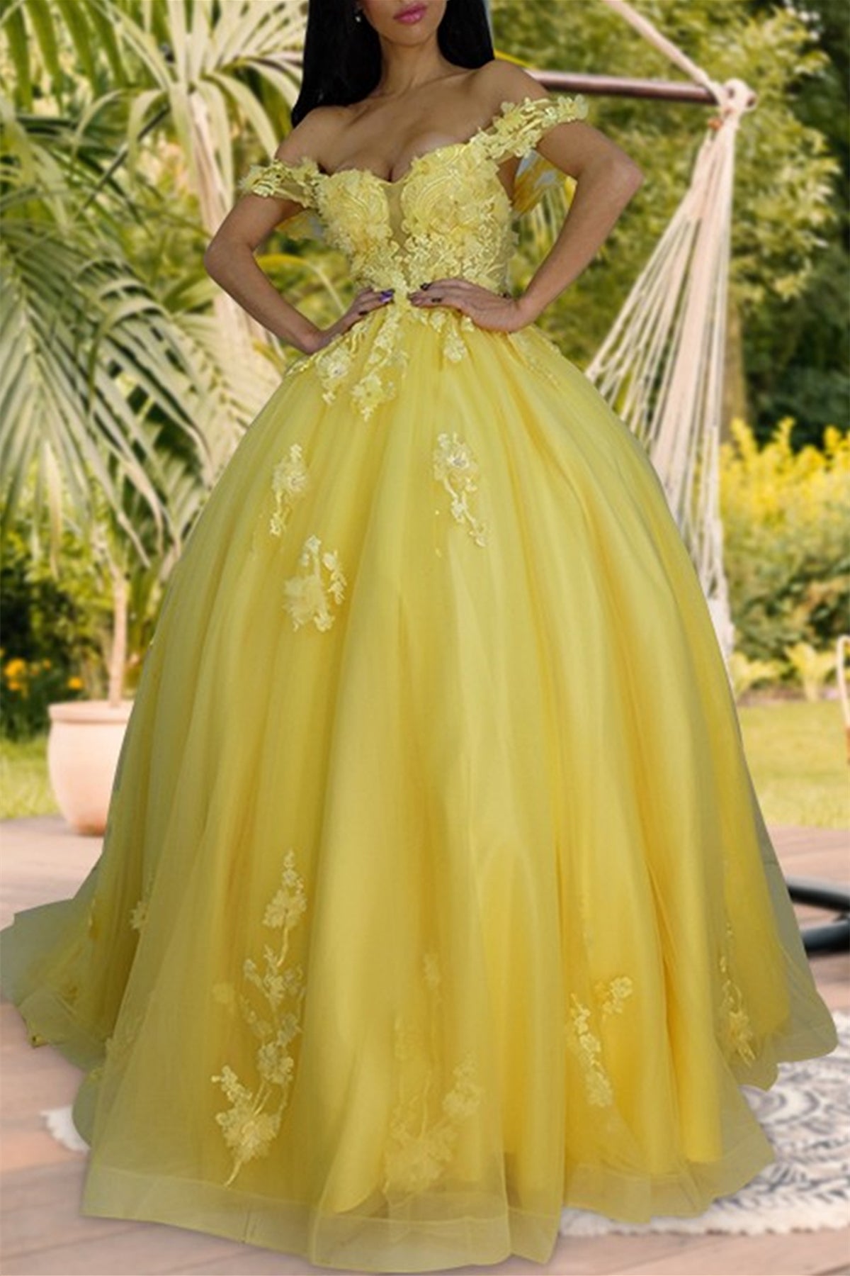 Unthony - Off Shoulder Yellow Lace Tulle Long Prom Dress