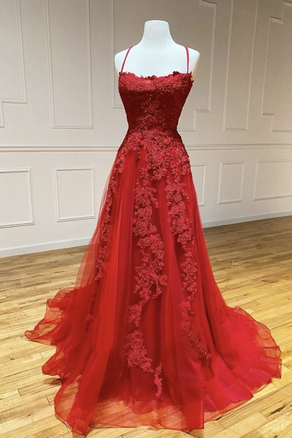 Unthony - A Line Backless Red Lace Long Prom Dress