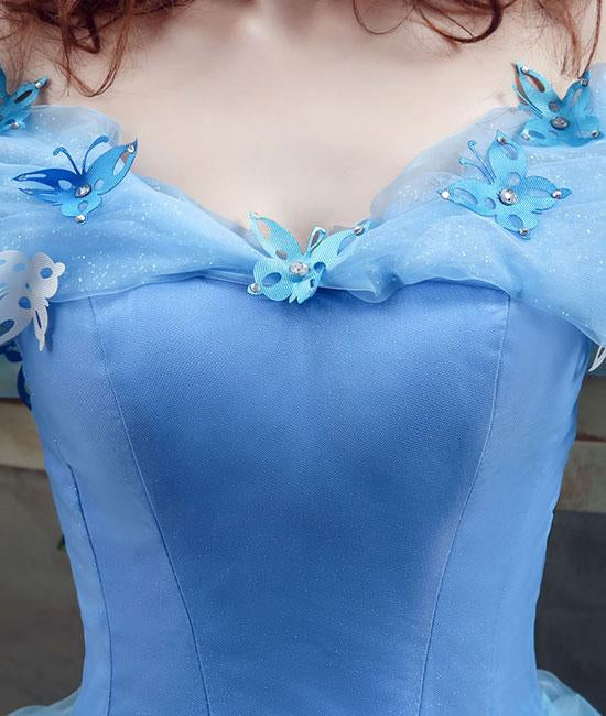Unthony - Off Shoulder Blue Tulle Long Prom Dress with Butterfly