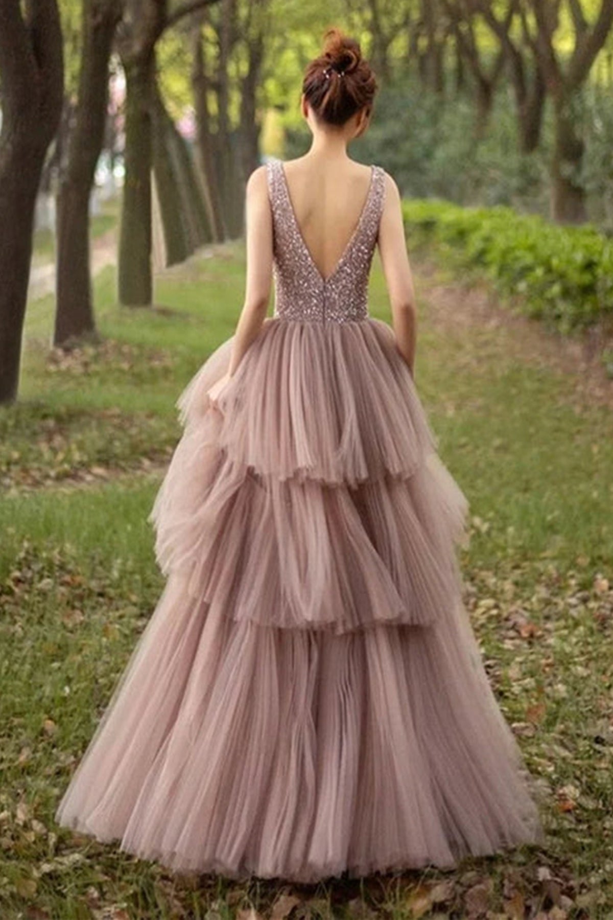 Unthony - Princess V Neck Beaded Layered Tulle Long Prom Dress