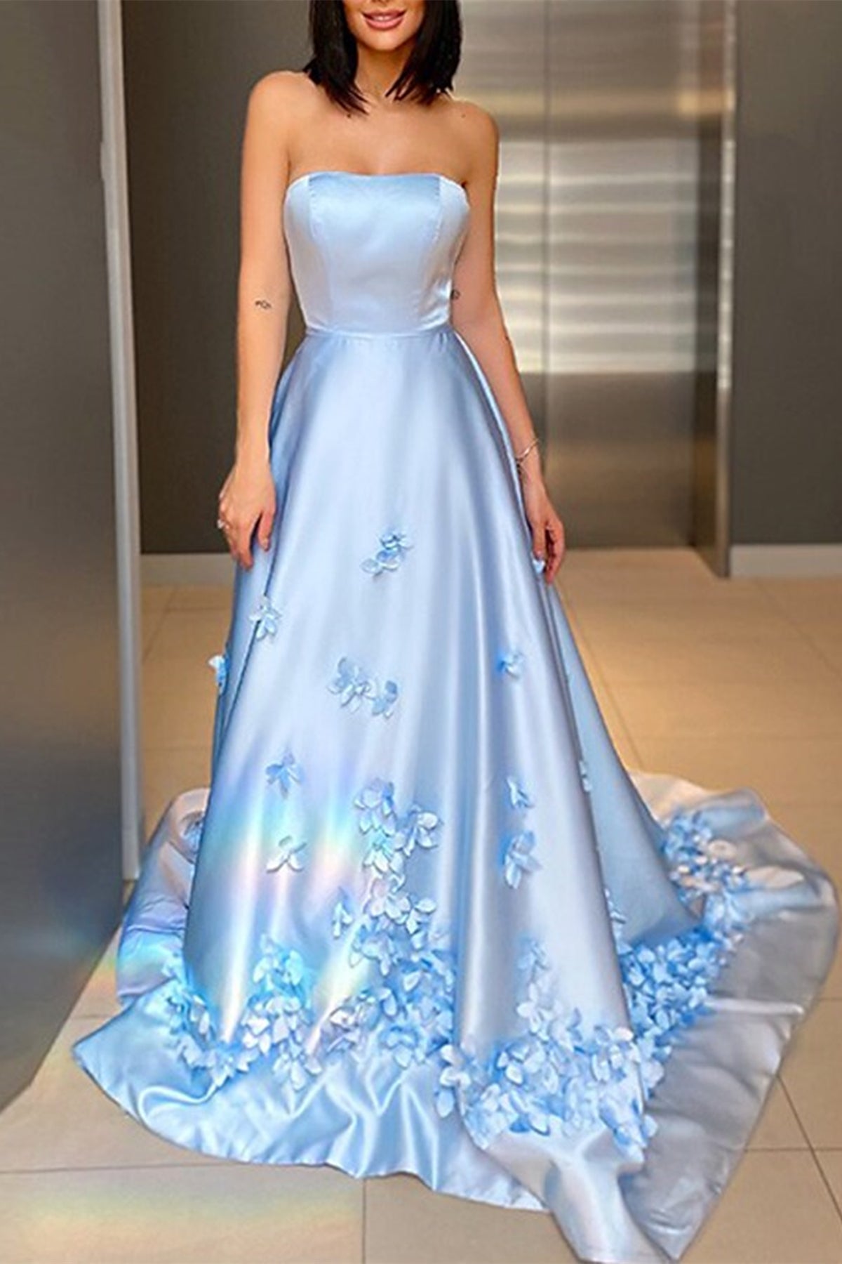 Unthony - Strapless Open Back Light Blue Satin Long Prom Dress with Flowers