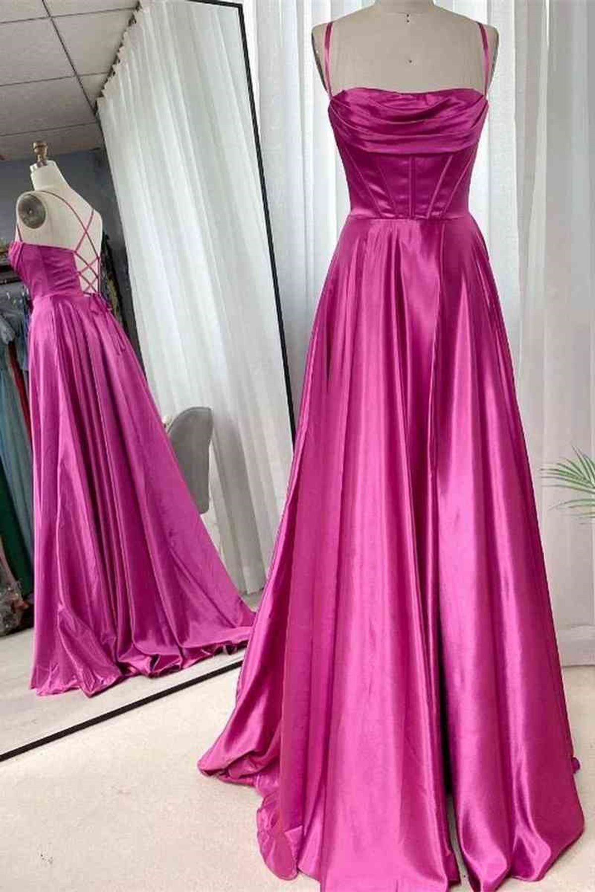 Unthony - Open Back Fuchsia Satin Ruched Long Prom Dress