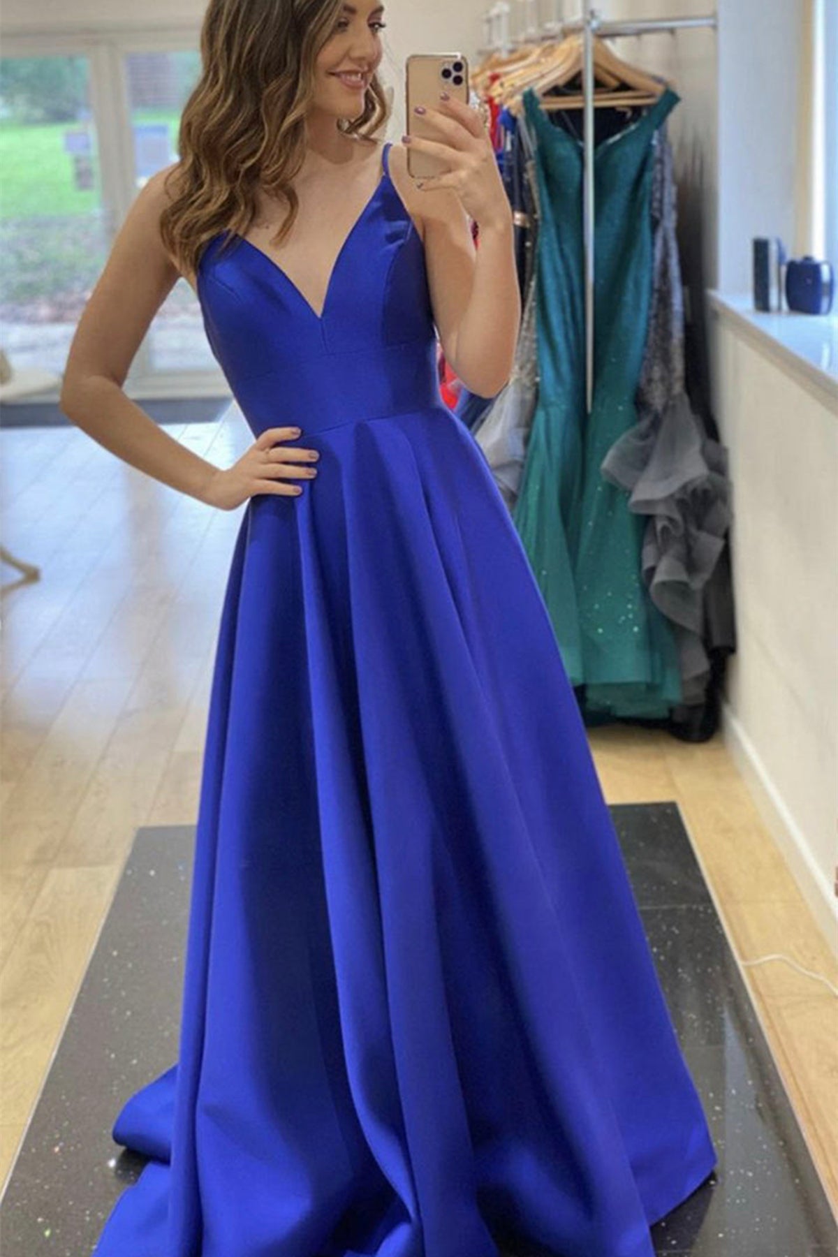 Unthony - A Line V Neck Open Back Blue Long Prom Dress