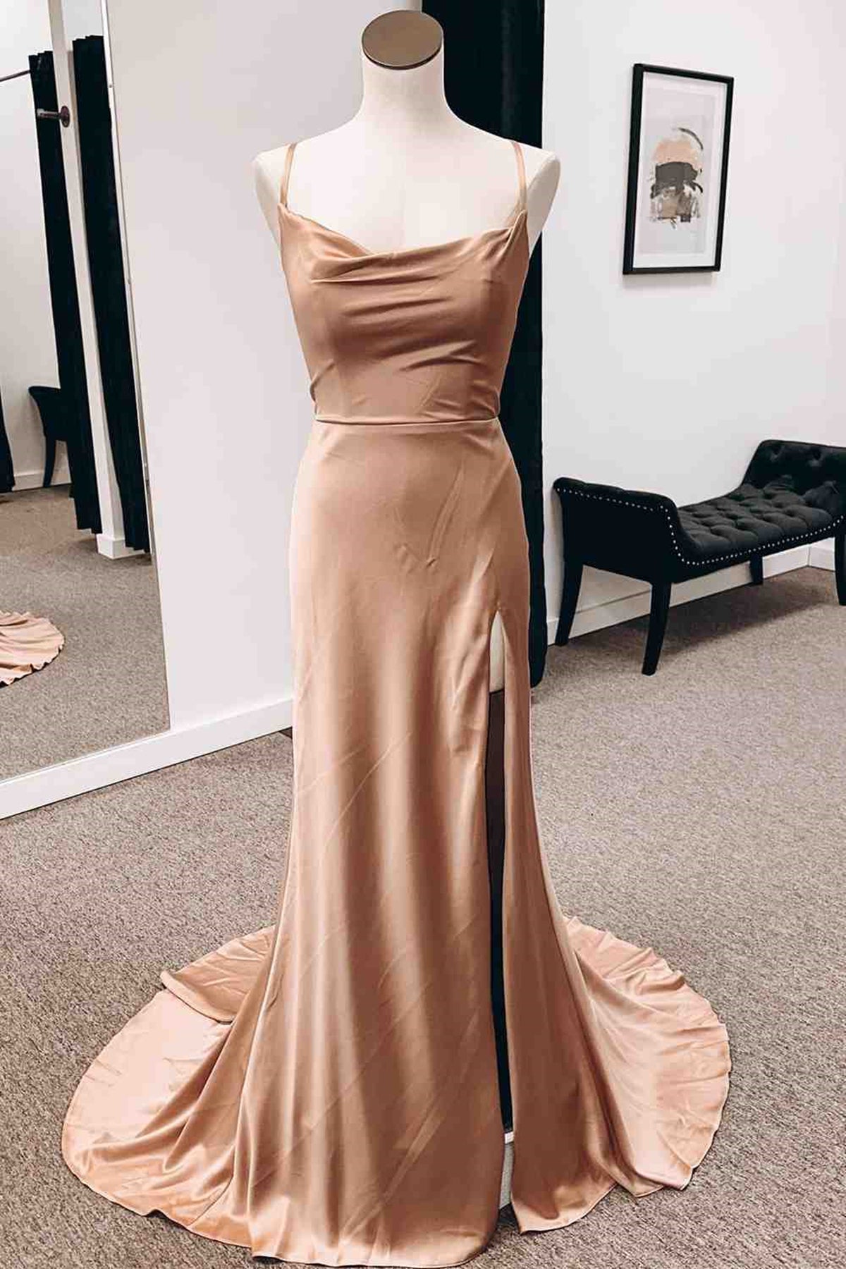 Unthony - Backless Champagne Long Prom Dress with High Slit