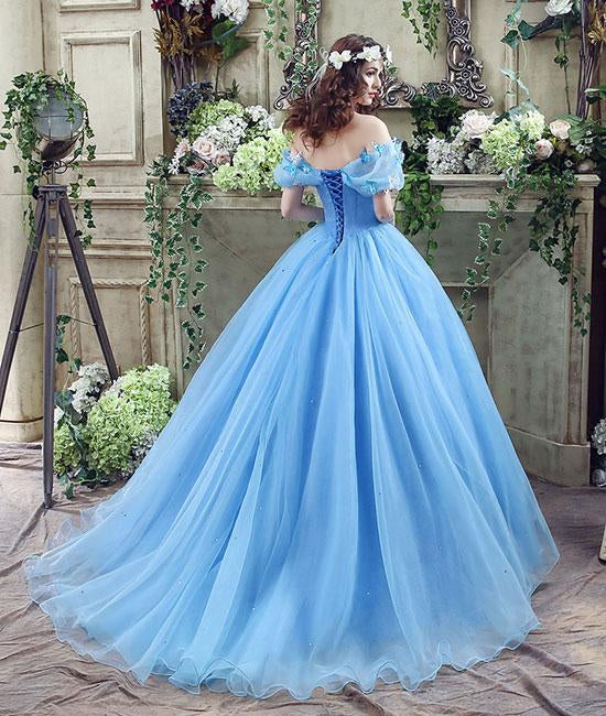 Unthony - Off Shoulder Blue Tulle Long Prom Dress with Butterfly