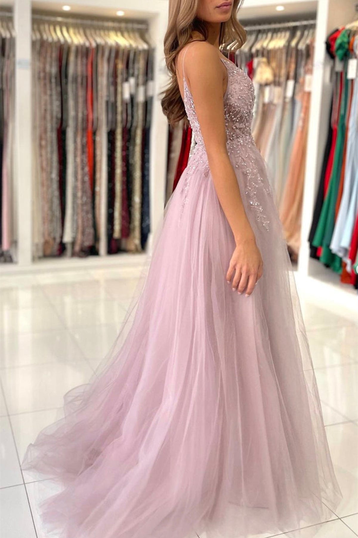 Unthony - Gorgeous V Neck Beaded Pink Tulle Long Prom Dress with High Slit