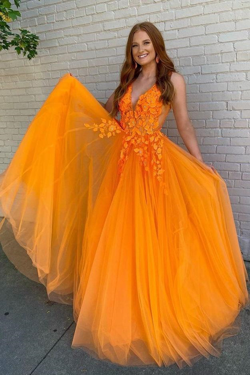 Unthony - A Line V Neck Orange Lace Long Prom Dress