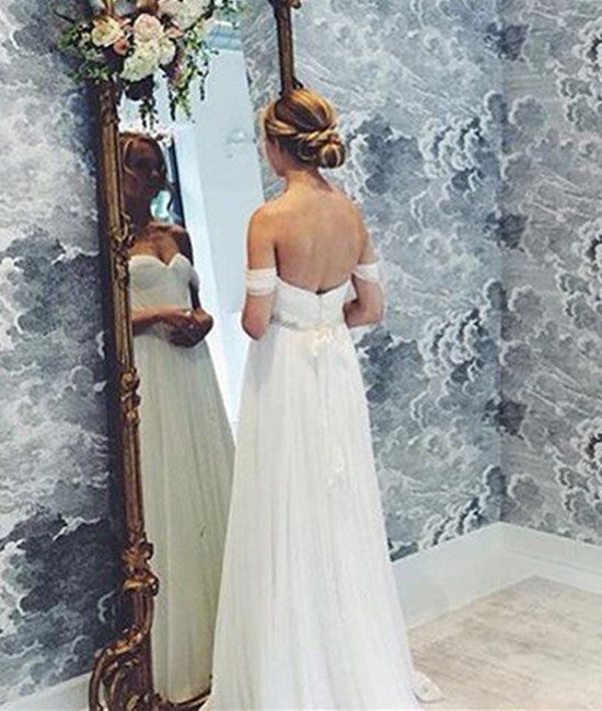 Unthony - A-Line Off-Shoulder White Chiffon Backless Prom Dresses