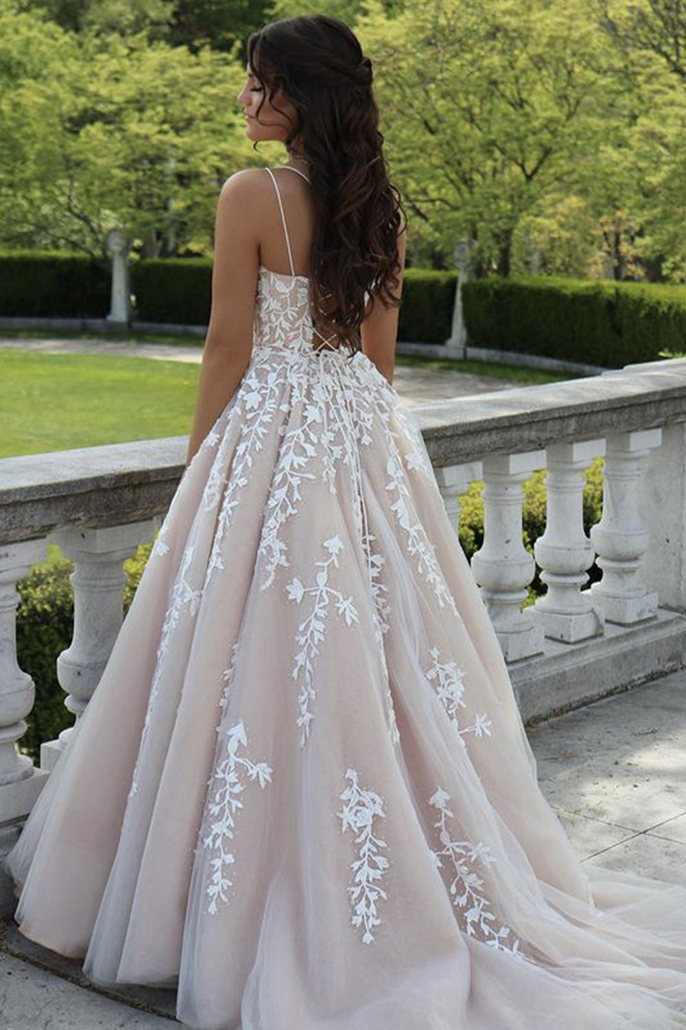 Unthony - A Line Backless Champagne Lace Long Prom Dress