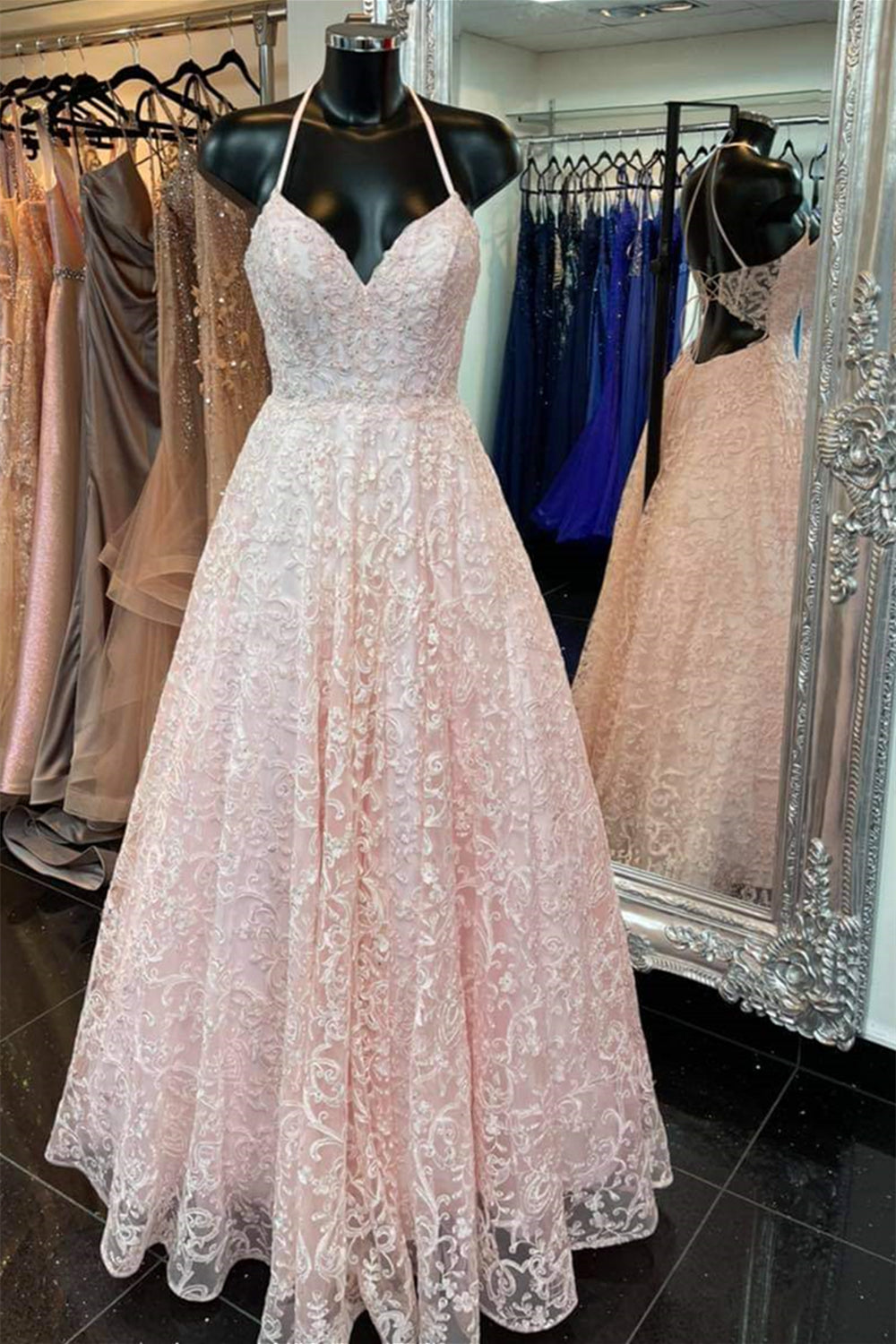 Unthony - A Line V Neck Open Back Pink Lace Long Prom Dress