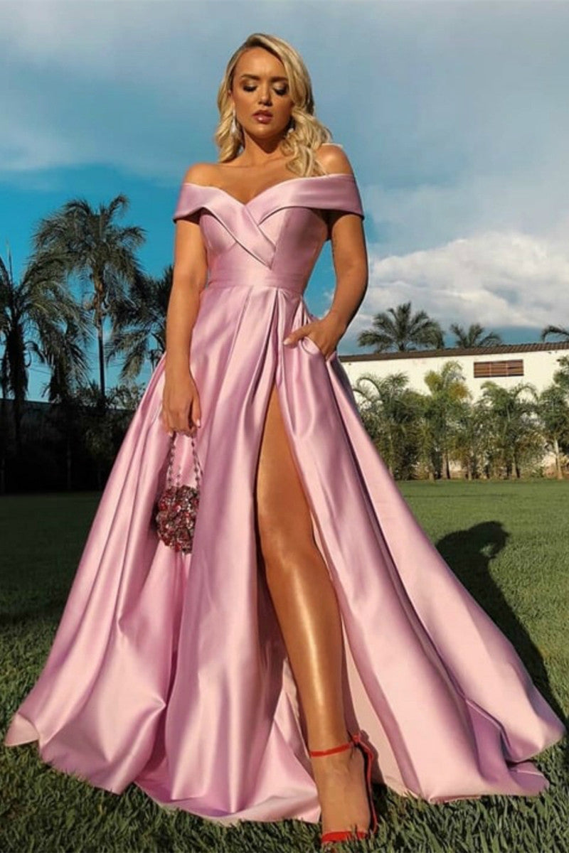 Unthony - Off the Shoulder Pink Satin Long Prom Dresses with High Slit