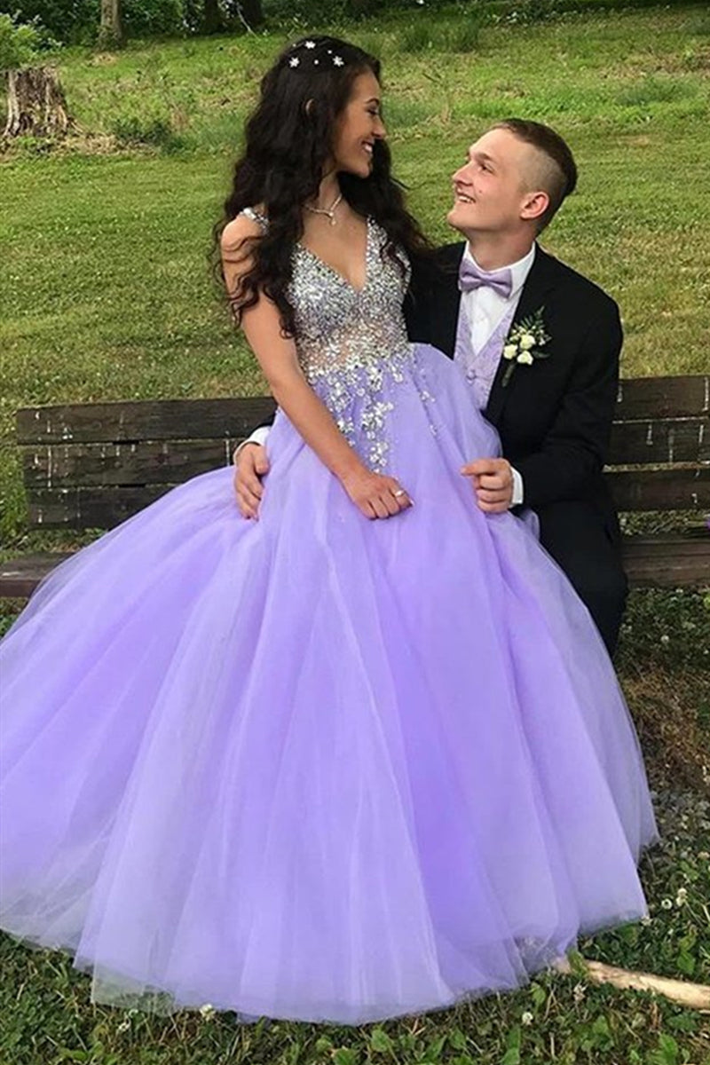 Unthony - Gorgeous V Neck Beaded Purple Long Prom Dress