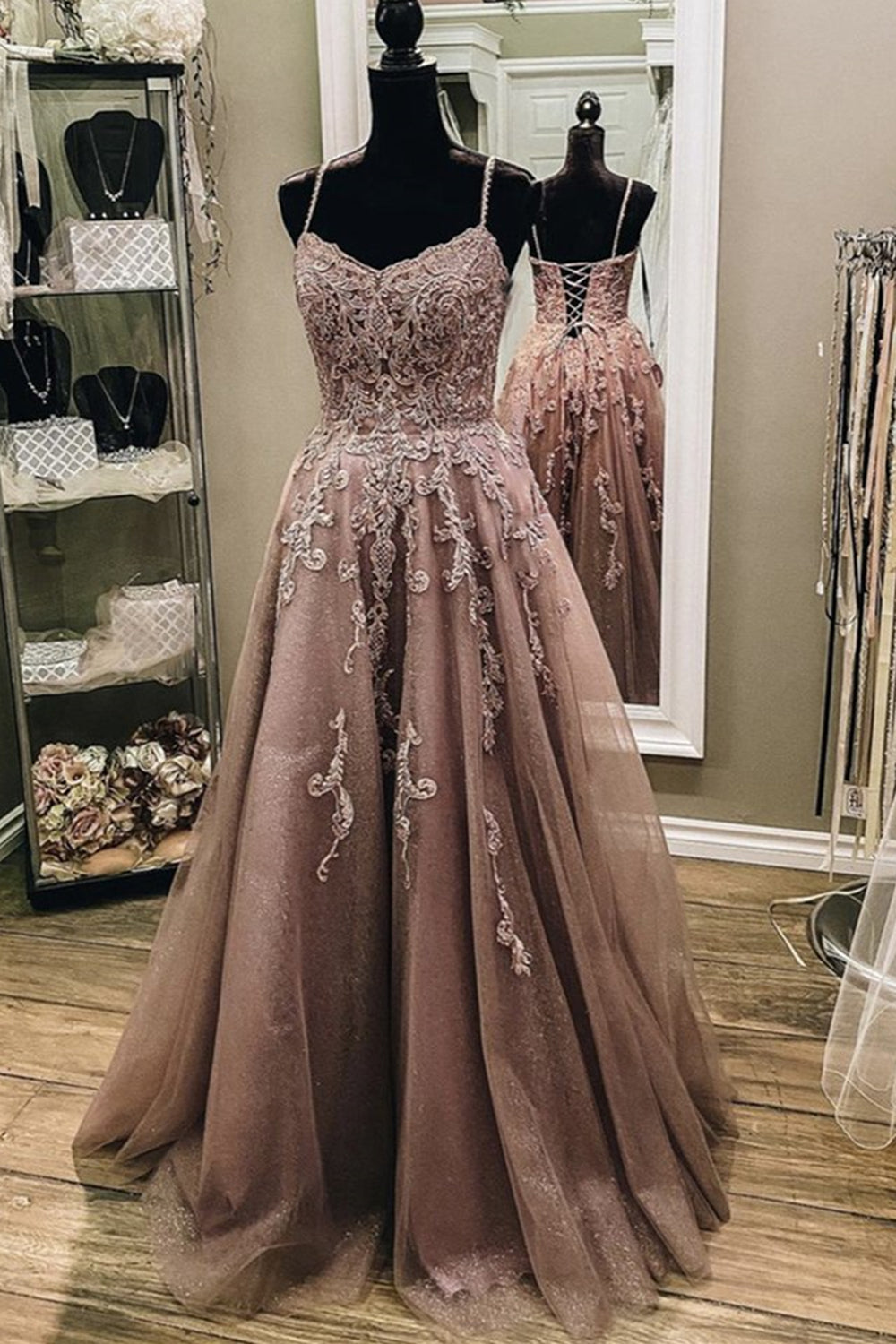 Unthony - A Line Thin Strap Champagne Lace Long Prom Dress