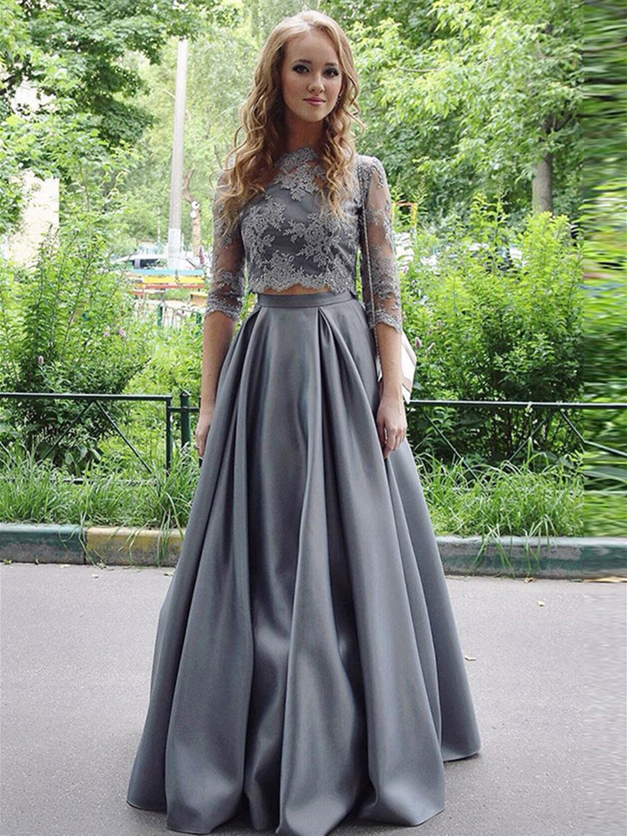 Unthony - Gray Half Sleeves Two Pieces Lace Top Satin Long Prom Dresses