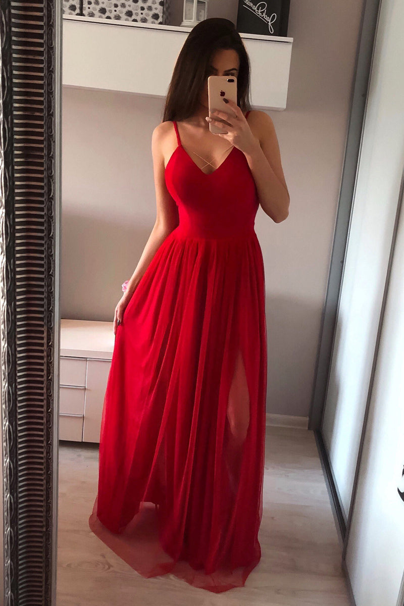 Unthony - A Line V Neck Red Long Prom Dresses